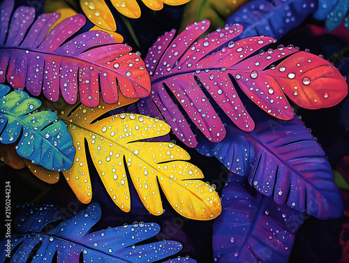 Macro View of Water Beads on Fresh Green Fern Leaves