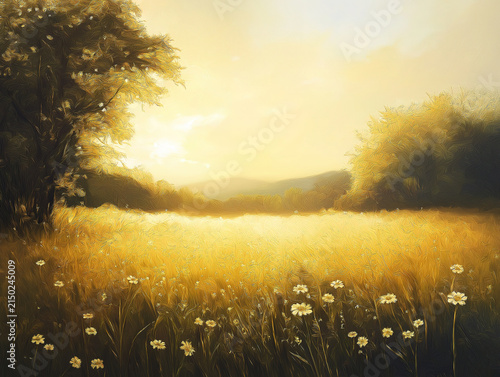 Early Morning Golden Light in a Tranquil Meadow