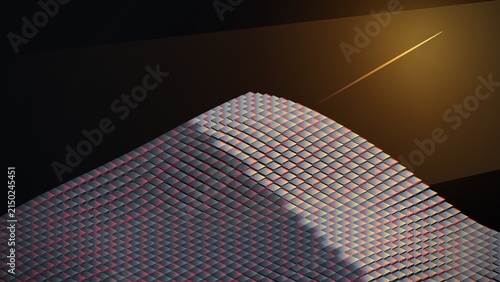 3d geometric cube pyramid structure glowing with warm light in a dark studio