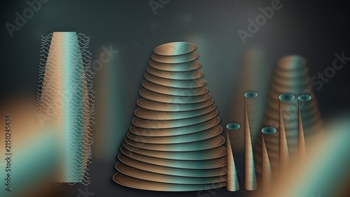 Abstract 3D digital art featuring layered conical structures in dark space
