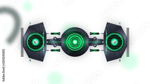 Futuristic sci fi machine with green glowing lights and metallic panels