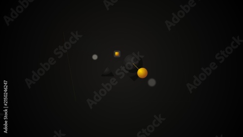 Minimalist 3D abstract geometric shapes with a glowing yellow sphere on a dark background