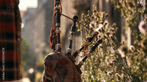 Traditional Scottish bagpipes centered in the composition, tartan fabric, thistle flowers and historic Scottish street softly blurred behind, premium cultural photography