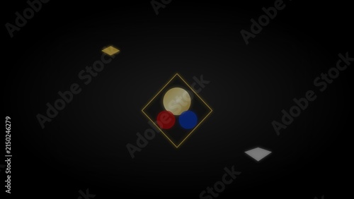 Geometric glowing shapes with colorful spheres inside a rhombus on dark background
