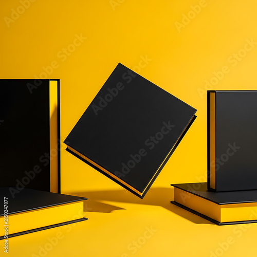 Floating black books yellow background