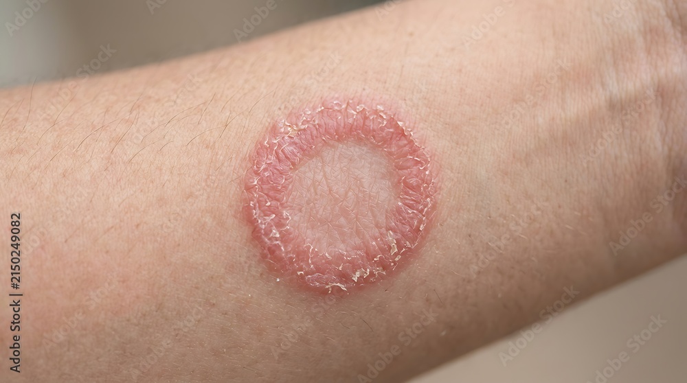 Fototapeta premium Close up view of a red circular fungal skin infection known as ringworm on a human arm