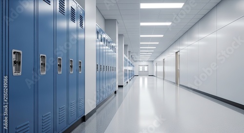 Bright fluorescent lights illuminate a long hallway lined with blue lockers. The hallway features a polished concrete floor and white walls.