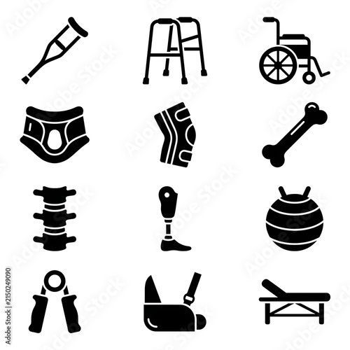 Orthopedic Equipment Physical Therapy Rehabilitation Prosthesis Glyph Vector Icon Set Isolated on White Background
