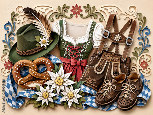 Traditional red dirndl and brown lederhosen displayed with pretzels, edelweiss and alpine accessories in a festive Bavarian arrangement.