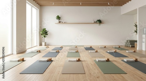 A yoga studio features a room with wooden floors and a white wall. Several yoga mats are arranged in a row, with wooden blocks placed on each mat.