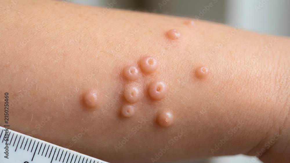 Fototapeta premium Molluscum contagiosum papules on human skin with ruler for scale