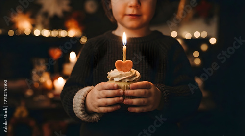child celebrating birthday with cupcake and candle at festive party