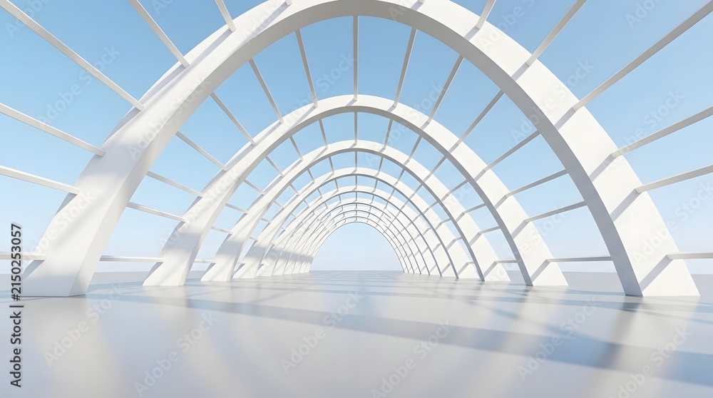 Fototapeta premium A symmetrical architectural tunnel composed of repeating white arched ribs and horizontal beams, creating a long perspective view leading to a bright, clear blue sky at the end of the corridor