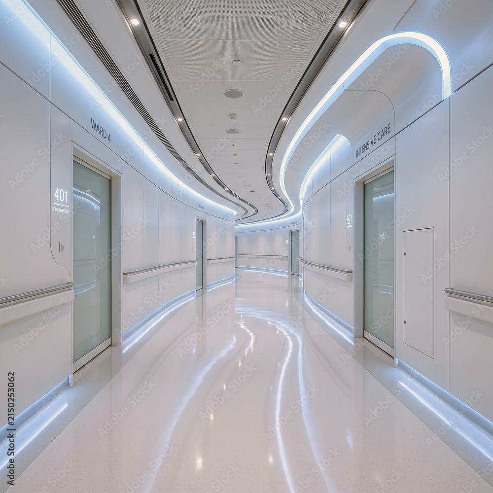 Obraz premium Futuristic Hospital Corridor with Blue LED Lighting