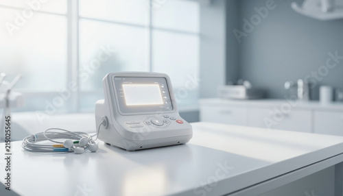 Modern medical ECG machine on a white table in a bright hospital room, healthcare equipment