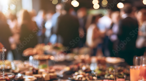 An indistinct image of a business networking event where people are socializing and food is presented, symbolizing a professional corporate gathering, catered event, and photography concept