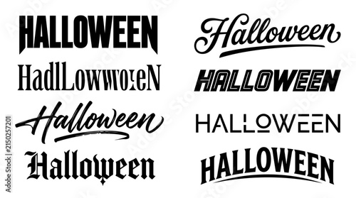 Halloween typography variations presented in black and white vector designs