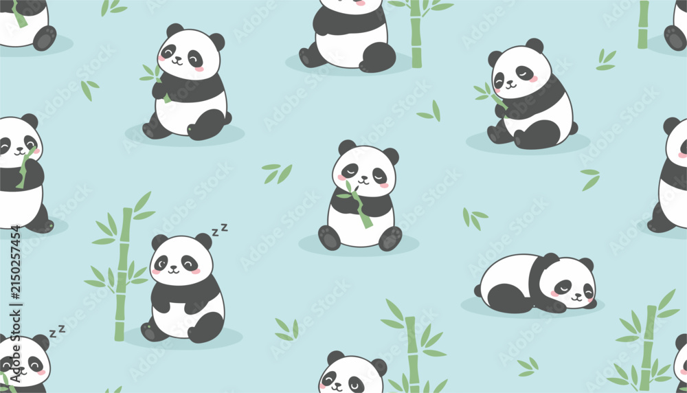 Obraz premium Adorable seamless pattern of cartoon giant pandas sleeping and eating bamboo stems on a light blue background.