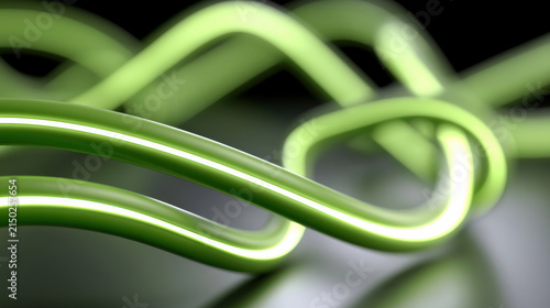 Neon green curved paths, abstract glowing lines, smooth surface, high fidelity, modern digital art, futuristic style