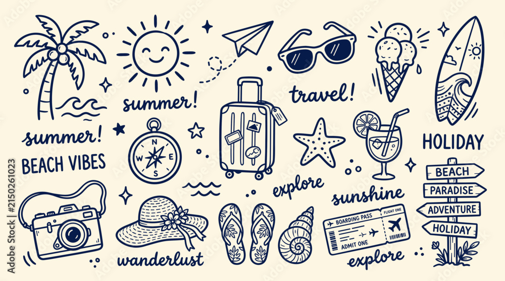 Fototapeta premium A hand-drawn doodle collection featuring summer vacation and travel icons, perfect for holiday themes.
