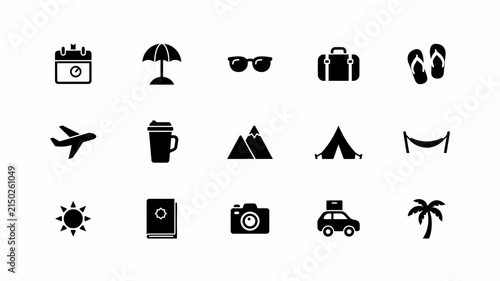 Minimalist black icons set featuring travel and leisure symbols on light background with representing diverse travel bright uncluttered backdrop