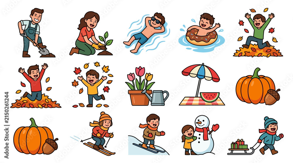 Fototapeta premium Seasonal activities set with children enjoying various outdoor hobbies