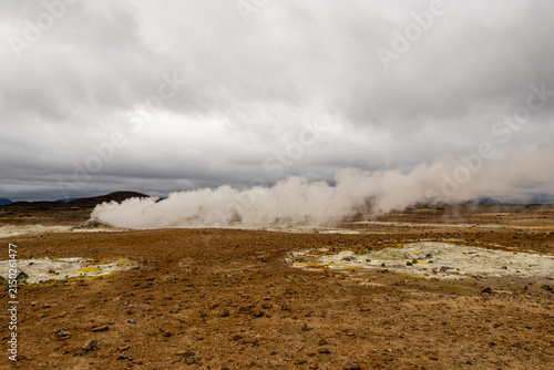Konstfotografi Steam rising from fumaroles and sulfur vents under cloudy skies at Hverir geothe