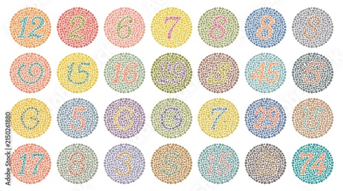 Vector graphic of color blind test number. Ishihara Test daltonism color blindness disease perception test number blindness test set.