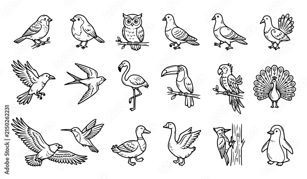 Obraz premium Bird Icon Set with Owl, Sparrow, Toucan, Peacock, Flamingo, and Wild Bird Species in Hand Drawn Outline Style for Nature Designs