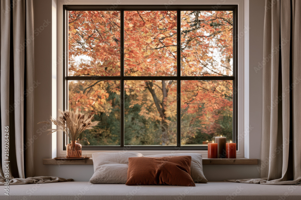 Fototapeta premium Cozy window seat autumn pillow curtain candle wheat vase tree foliage warm sunlight home interior
