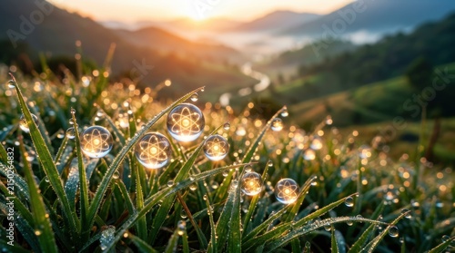 Morning dew drops on green grass reflect science symbols in peaceful india landscape with sunlight and hills creating serene natural scene