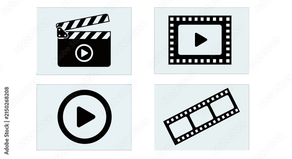 Fototapeta premium Set of four video and film icons illustrating clapperboard, play buttons, and filmstrip for media graphics.