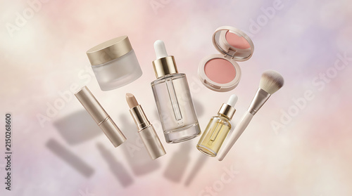 Collection of luxury cosmetic products including skincare bottles and makeup items arranged on a soft pastel background