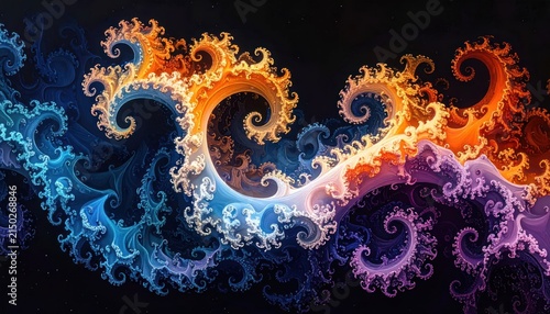 Vibrant fractal spiral with orange and blue colors.