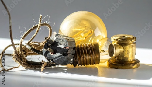 Vintage light bulb with brass socket and plug.