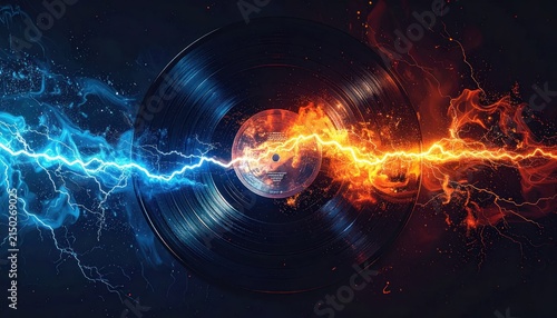 Vinyl record surrounded by fire and blue lightning