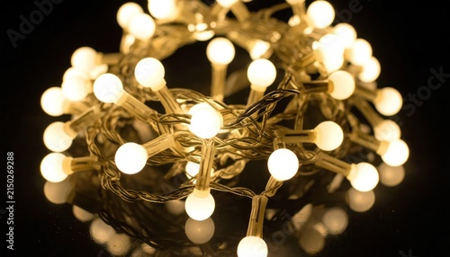 Warm white string lights bokeh on dark background.