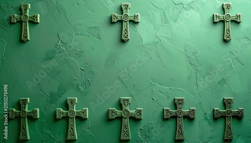 Row of green crucifix crosses on weathered wall.