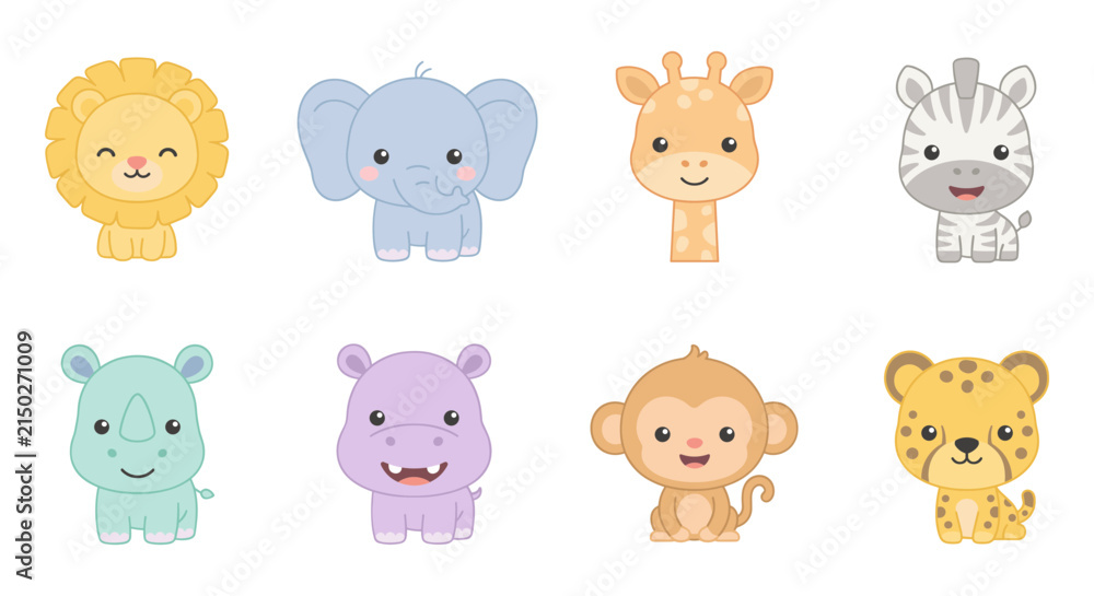 Obraz premium Set of cute cartoon safari animals