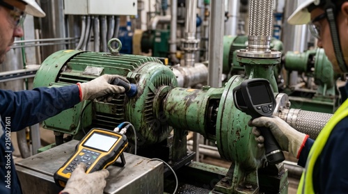 Workers perform maintenance on machinery in an industrial facility during the day
