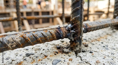 Close up of welded steel rebar in a concrete construction foundation