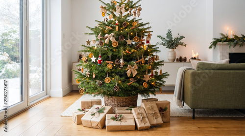 Decoración navideña sostenible con materiales naturales y regalos envueltos de forma ecológica, concepto de consumo responsable y Navidad verde.