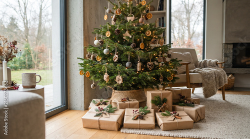 Decoración navideña sostenible con materiales naturales y regalos envueltos de forma ecológica, concepto de consumo responsable y Navidad verde.