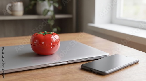 A Red Tomato-Shaped Kitchen Timer on a Closed Laptop as a Focus and Pomodoro Time Management Scene