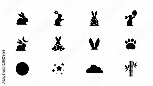 Playful black silhouette rabbit icons set with celestial with bamboo elements against clean white background collection minimalist black