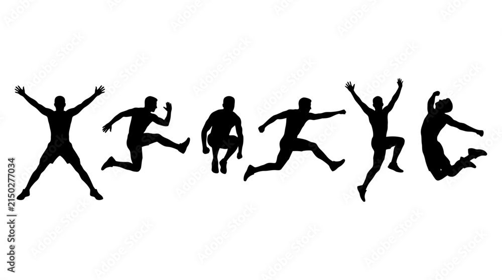 Fototapeta premium Energetic male silhouettes performing various dynamic athletic jumps captured in high contrast black ink style graphic