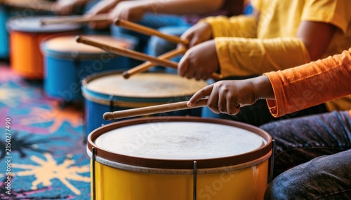 Group of children playing colorful hand drums with wooden sticks