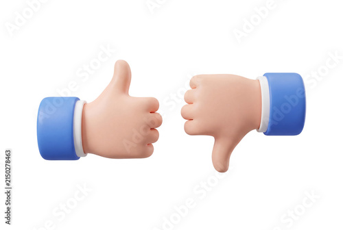 Three dimensional cartoon hands showing like with sleeves one on transparent background