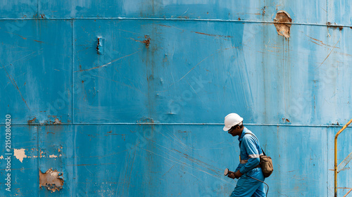 Industrial coating inspection background showing a large steel tank surface with old faded paint, localized rust spots, blistering and scratches exposing bare metal, maintenance