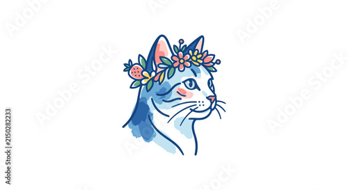 Cute Cat Wearing a Flower Crown Illustration 1.
